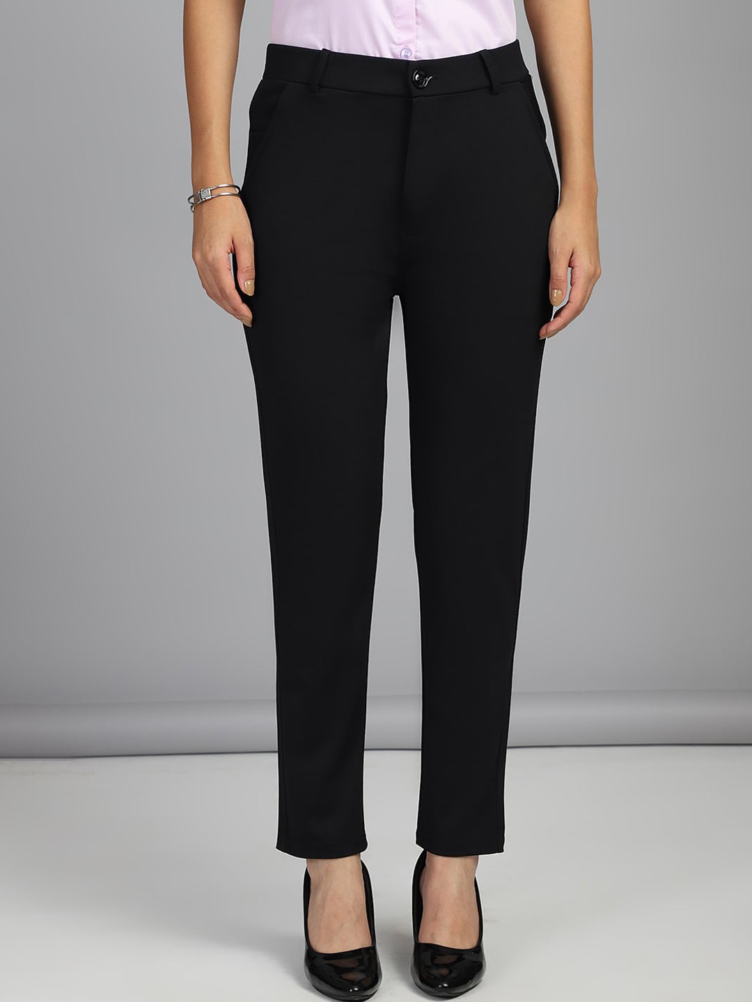 

FITHUB Women Slim Fit High-Rise Trousers, Black