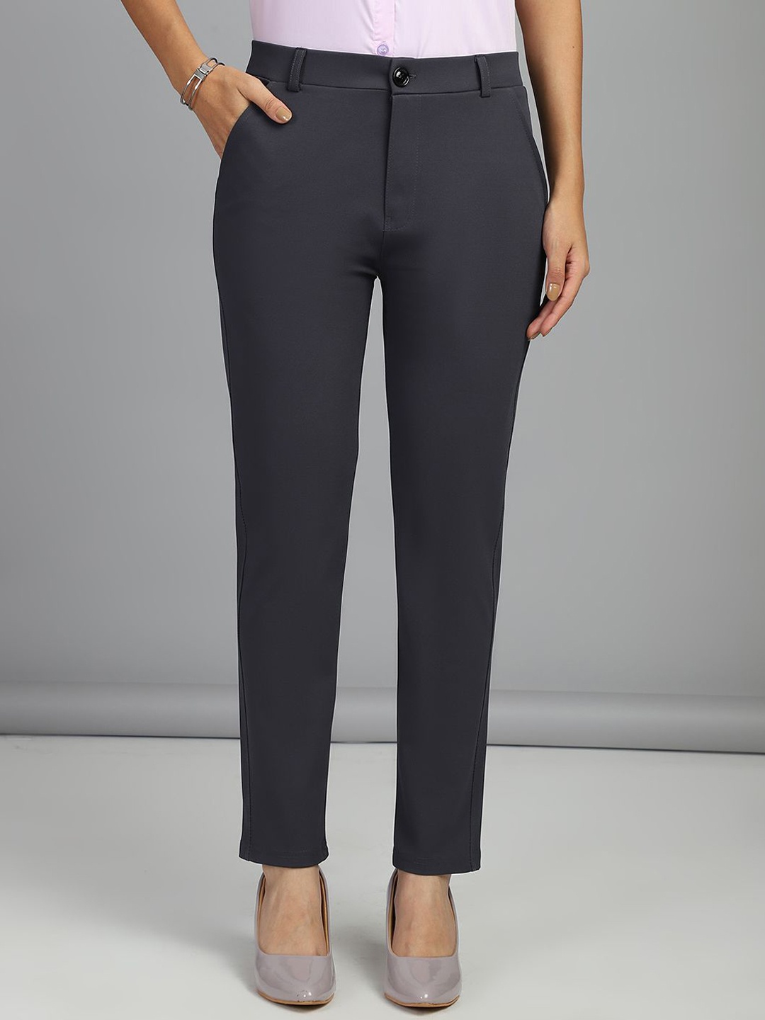 

FITHUB Women Slim Fit High-Rise Formal Trousers, Grey