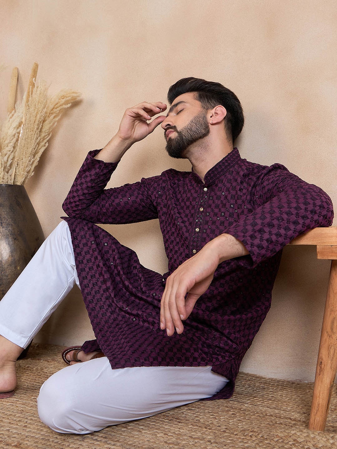 

House of Pataudi Ethnic Motifs Sequence Embroidered Mandarin Collar Straight Kurta, Purple