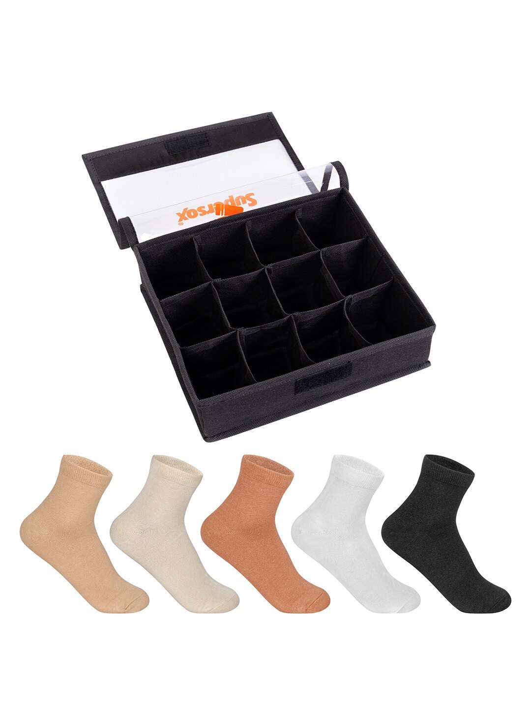 

Supersox Women Pack Of 5 Ankle Length Cotton Socks With Organizer, Beige
