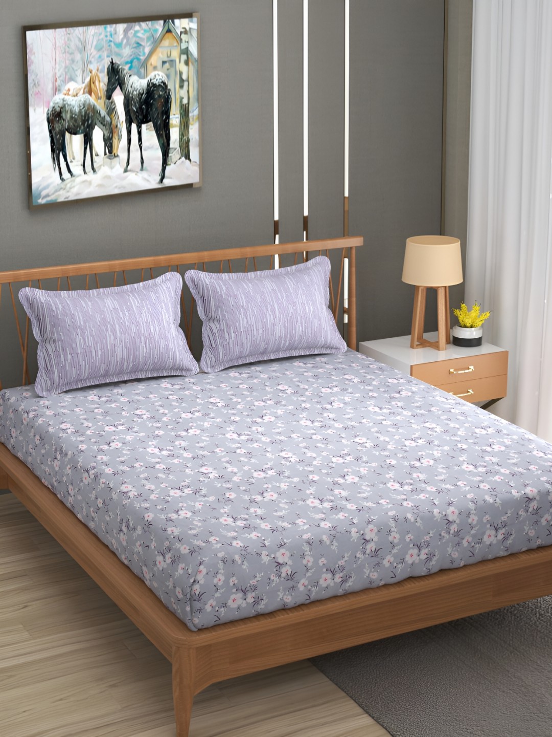 

UrbanArts Purple & Grey Floral Printed 400 TC Double King Bedsheet With 2 Pillow Covers