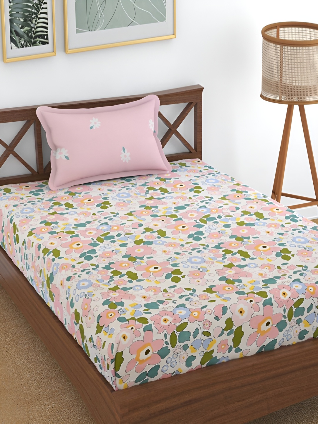 

UrbanArts Pink & White Floral 400 TC Single Superfine Bedsheet With 1 Pillow Cover