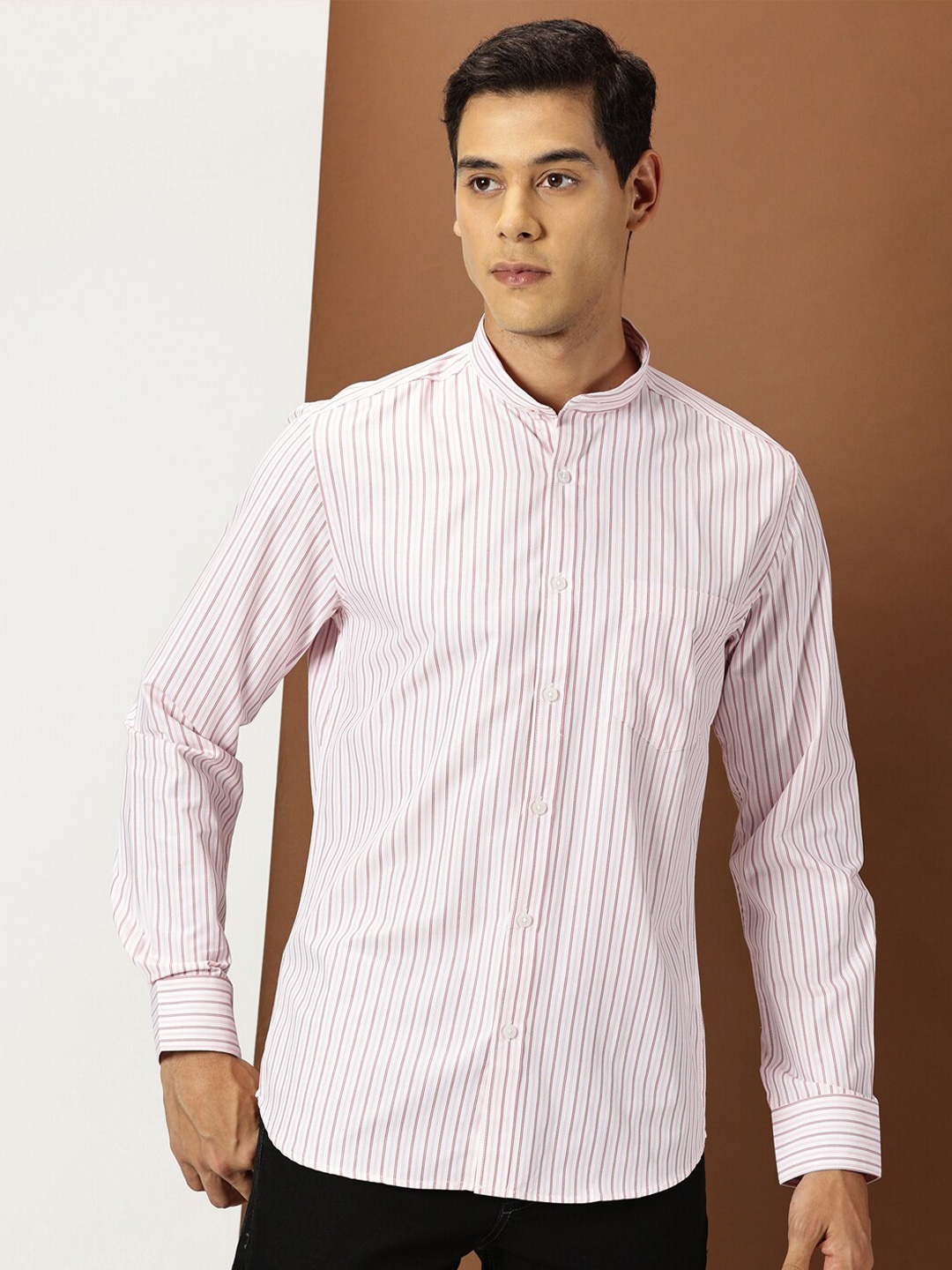 

INVICTUS Slim Fit Striped Mandarin Collar Long Sleeves Cotton Casual Shirt, White