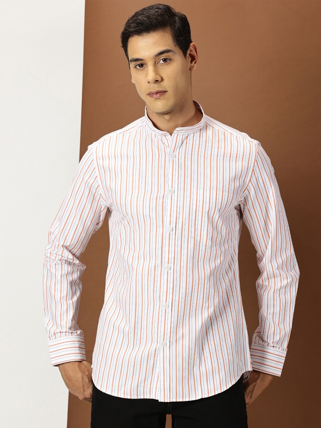 

INVICTUS Slim Fit Striped Mandarin Collar Long Sleeves Cotton Casual Shirt, White