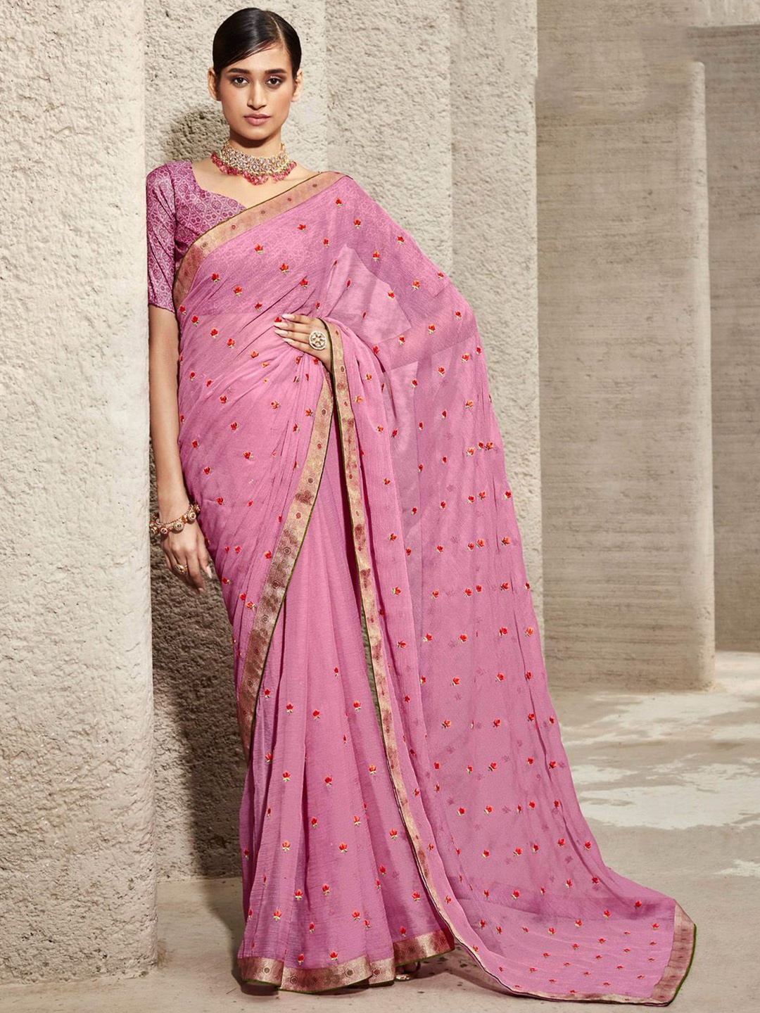 

Anouk Paisley Pure Chiffon Saree, Pink