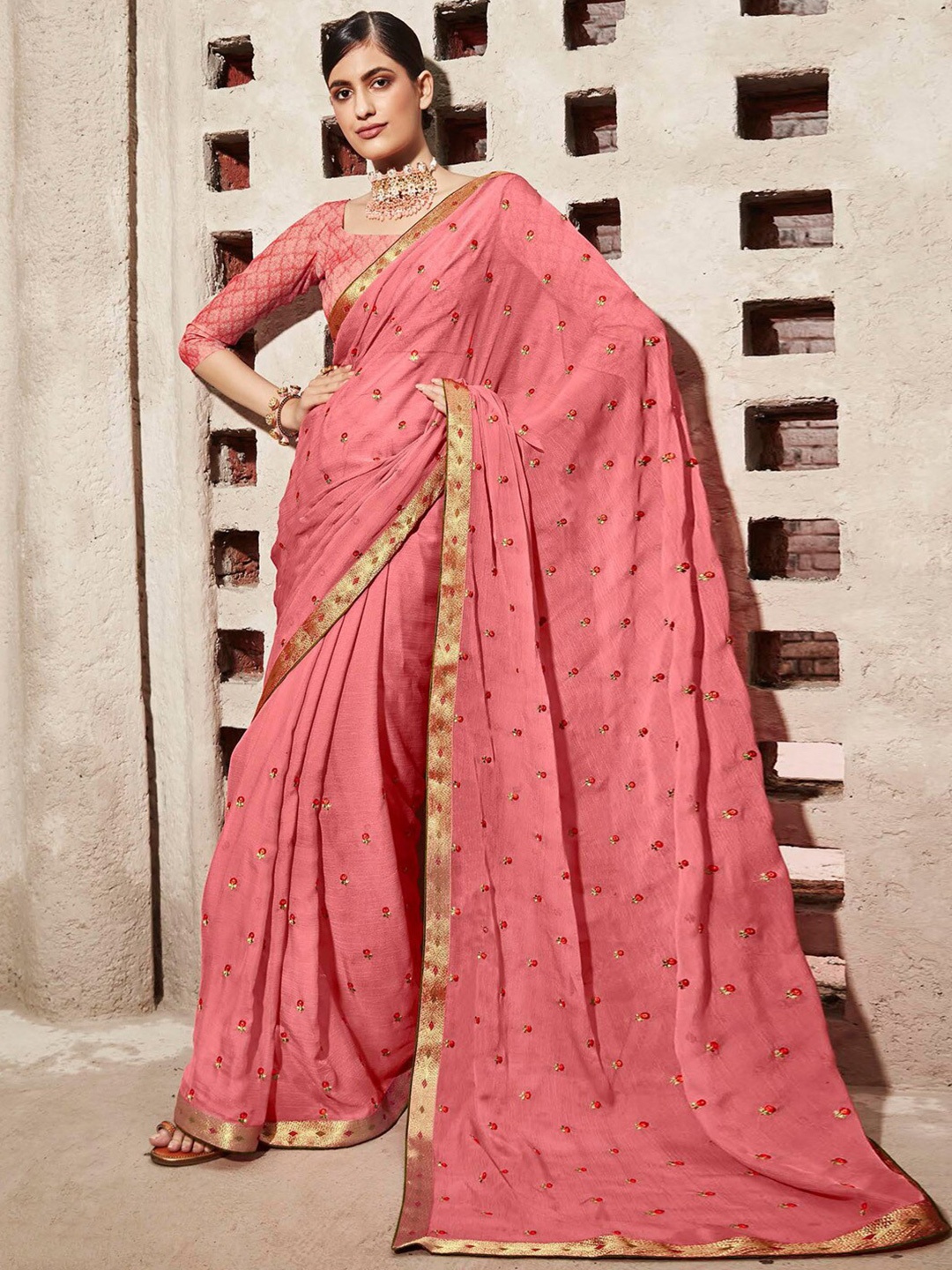 

Anouk Floral Zari Pure Chiffon Saree, Pink