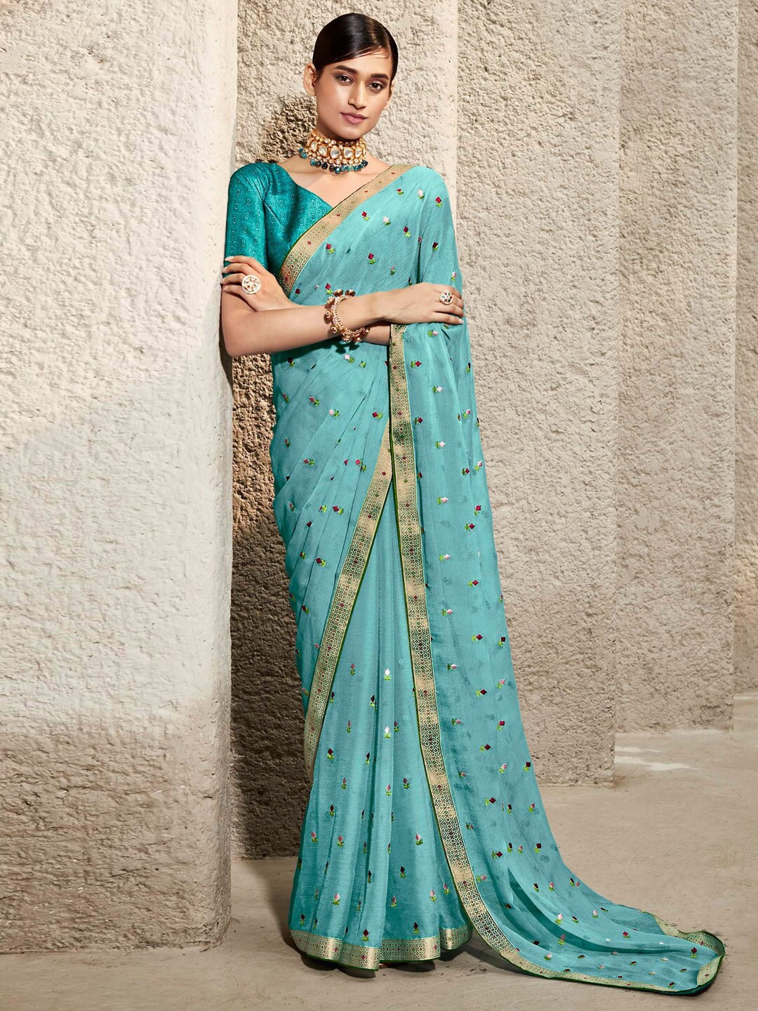 

Anouk Embroidered Floral Pure Chiffon Designer Saree, Blue