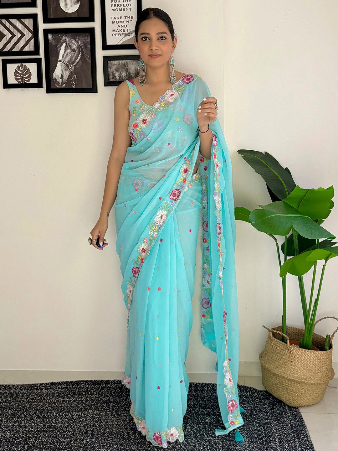 

Anouk Floral Embroidered Pure Georgette Saree, Blue
