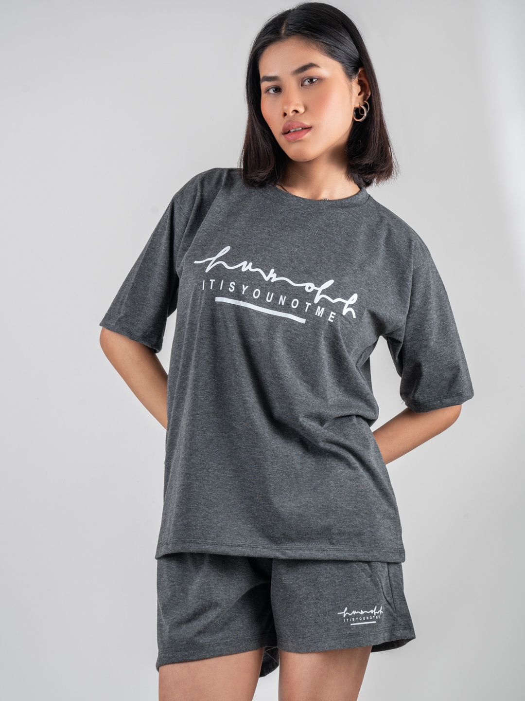 

KRAASA Printed T-Shirt With Shorts Co-Ords, Grey melange