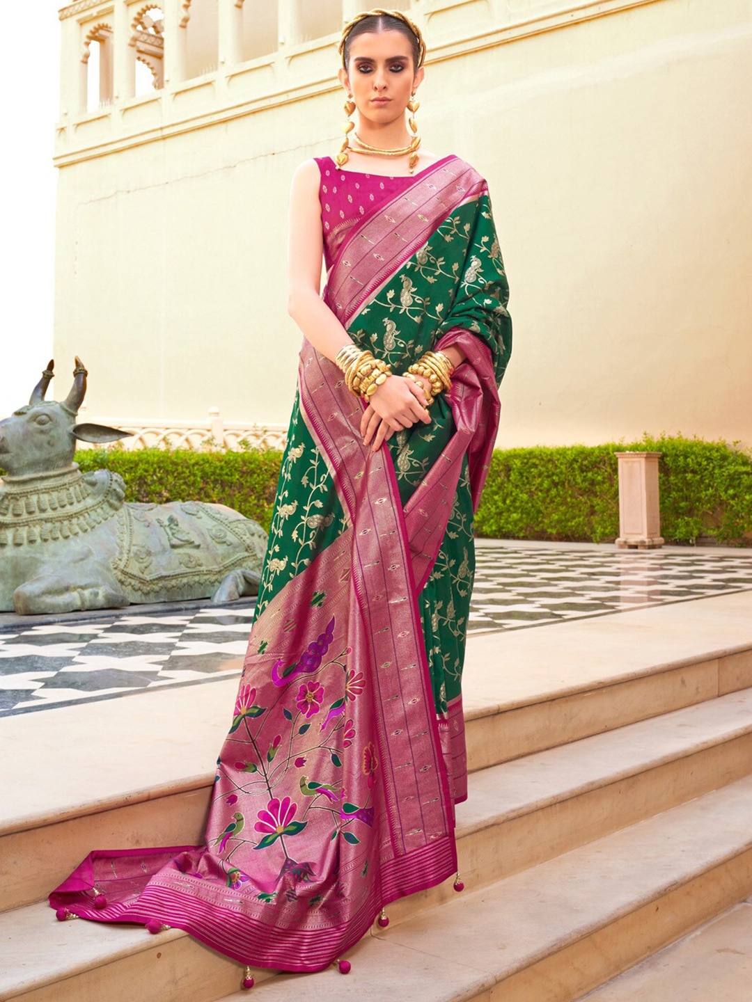 

Anouk Ethnic Motifs Zari Silk Blend Banarasi Saree, Green