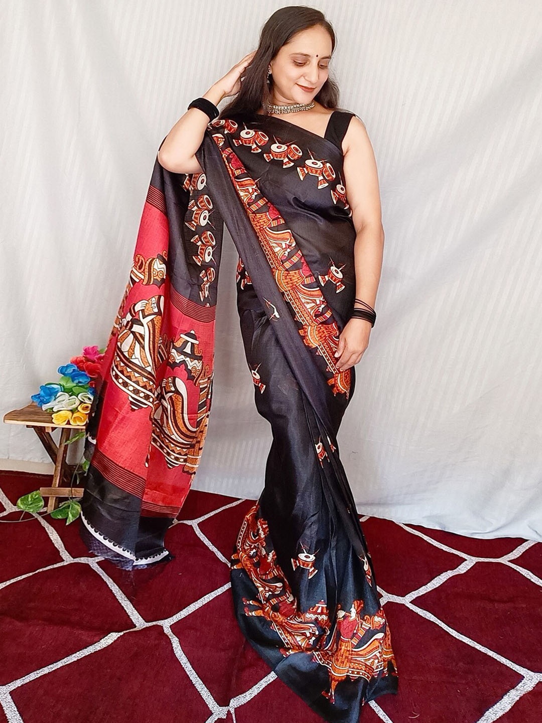 

Anouk Rustic Ready to Wear Ethnic Motifs Silk Blend Block Print Saree, Black