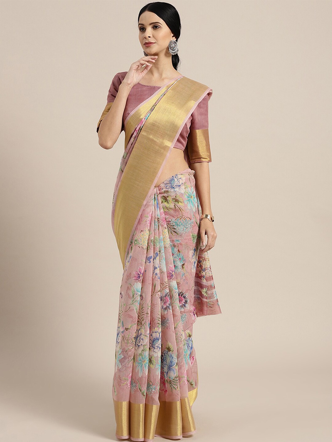 

Anouk Floral Zari Pure Linen Bagh Saree, Pink