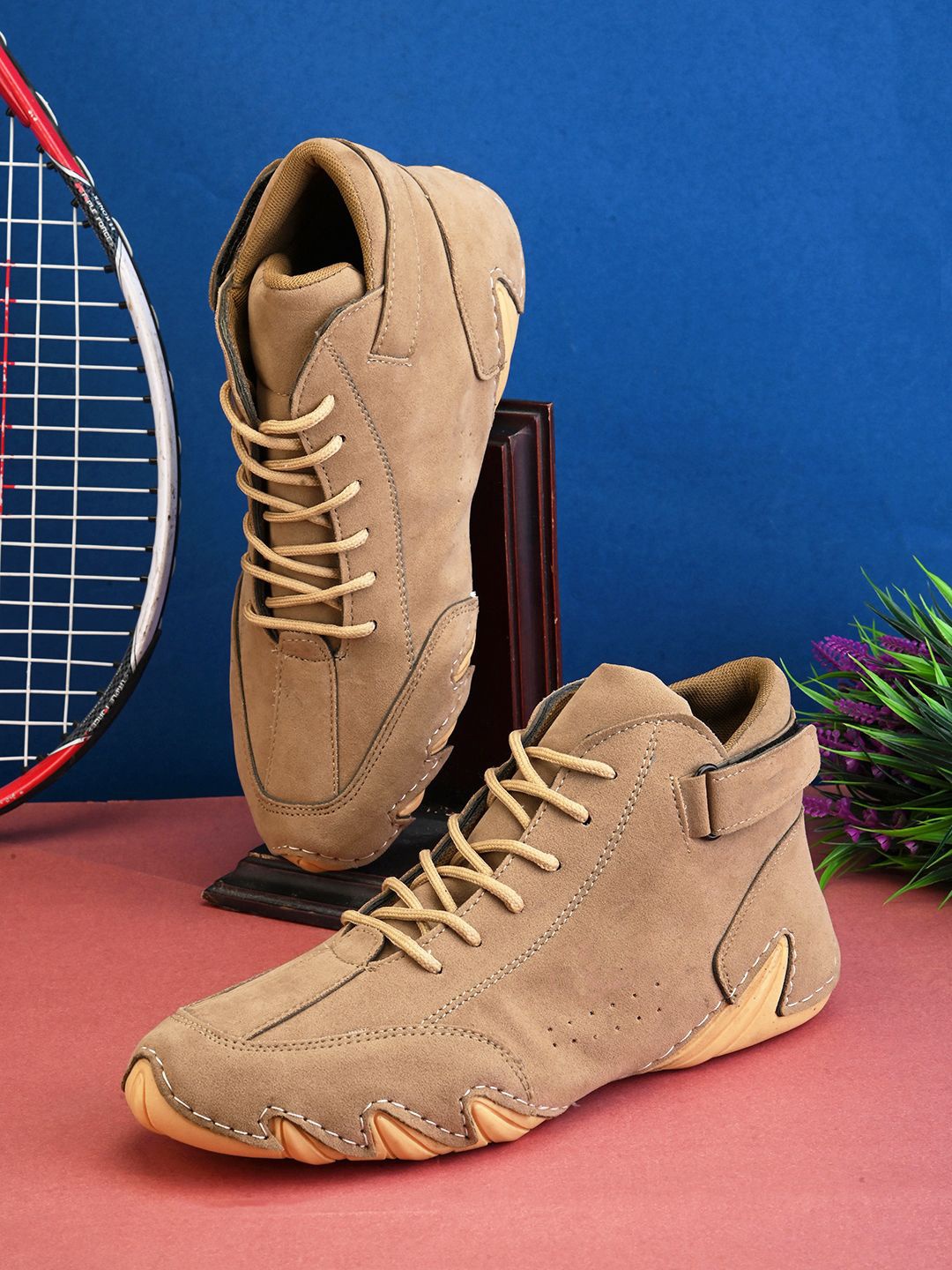 

mr.wonker Men Round Toe Lace Up Sneakers, Beige