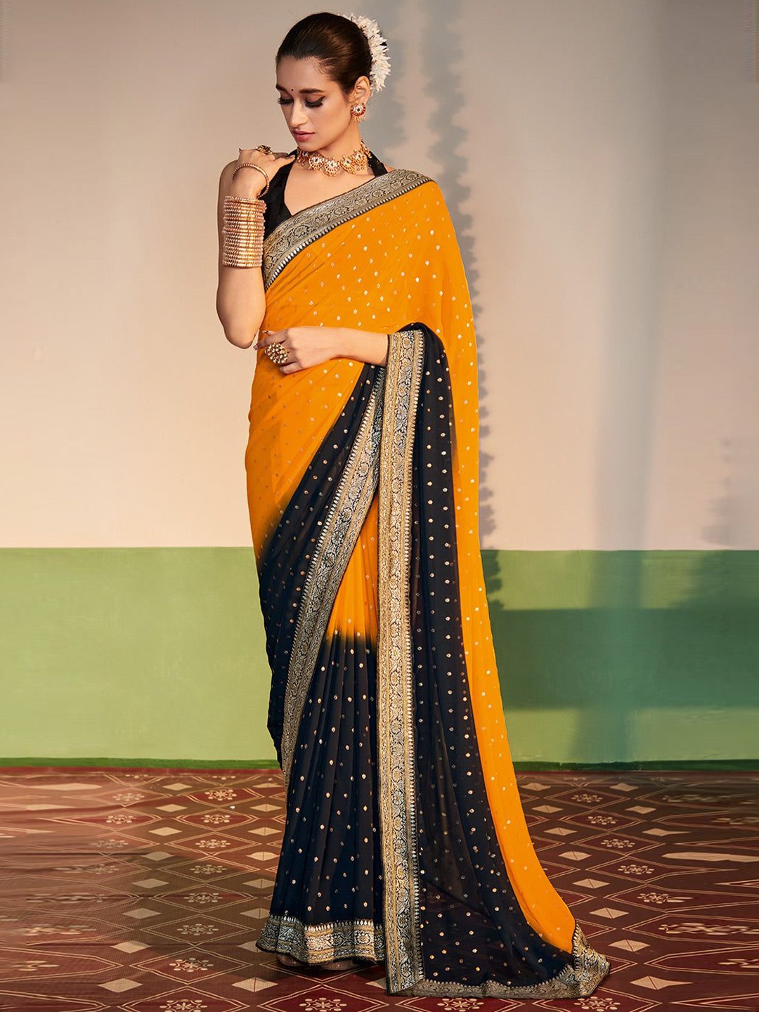 

MySilkLove Woven Design Zari Pure Georgette Banarasi Saree, Yellow
