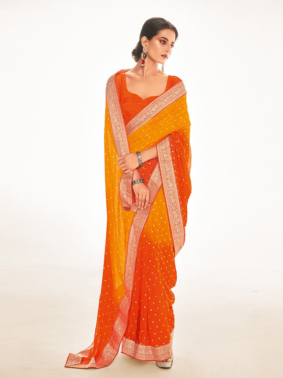 

MySilkLove Polka Dot Zari Pure Georgette Banarasi Saree, Orange