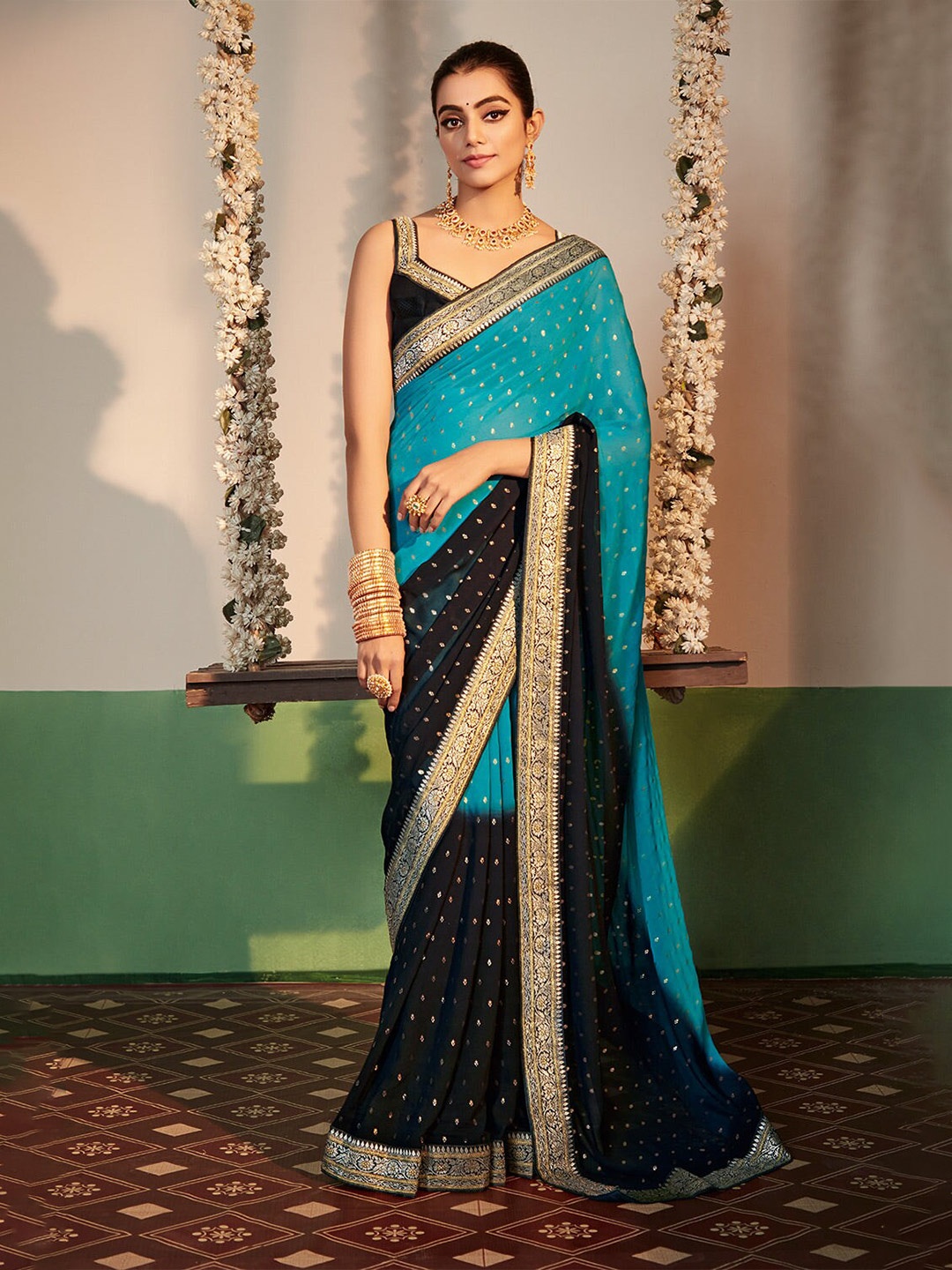 

MySilkLove Woven Design Zari Pure Georgette Banarasi Saree, Blue