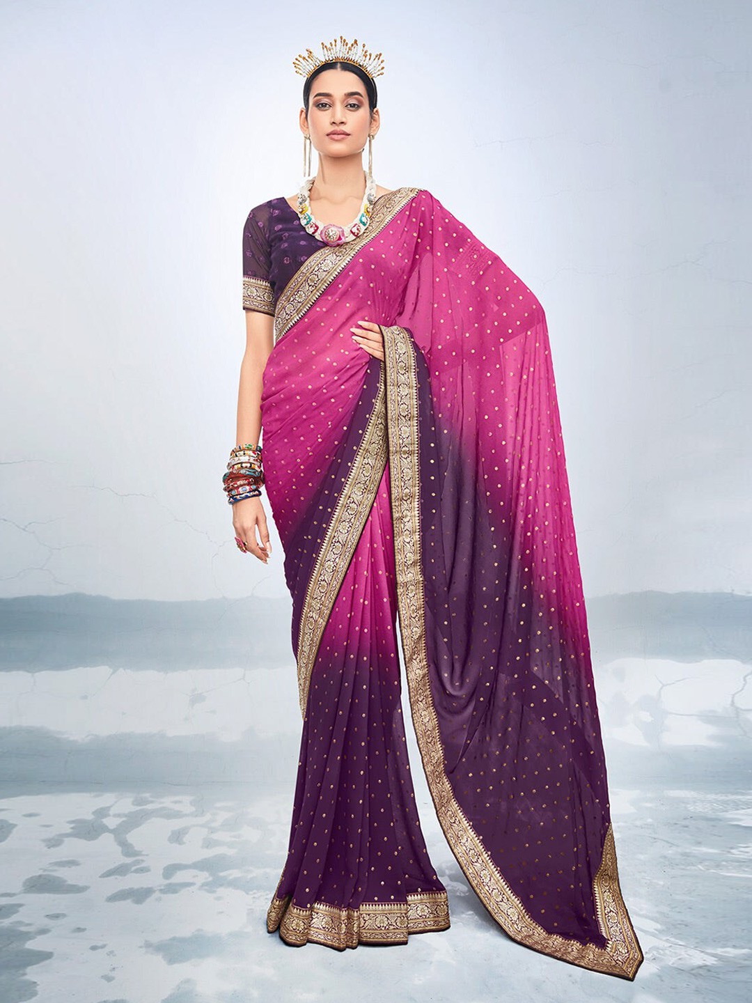 

MySilkLove Woven Design Zari Pure Georgette Banarasi Saree, Pink