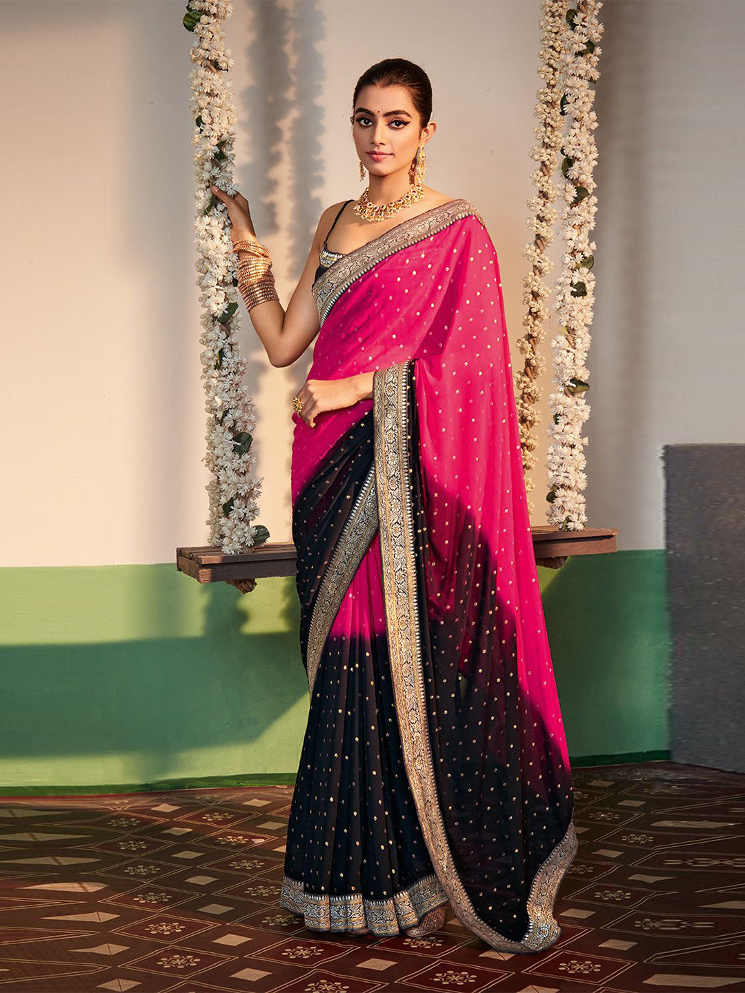

MySilkLove Woven Design Pure Georgette Banarasi Saree, Pink