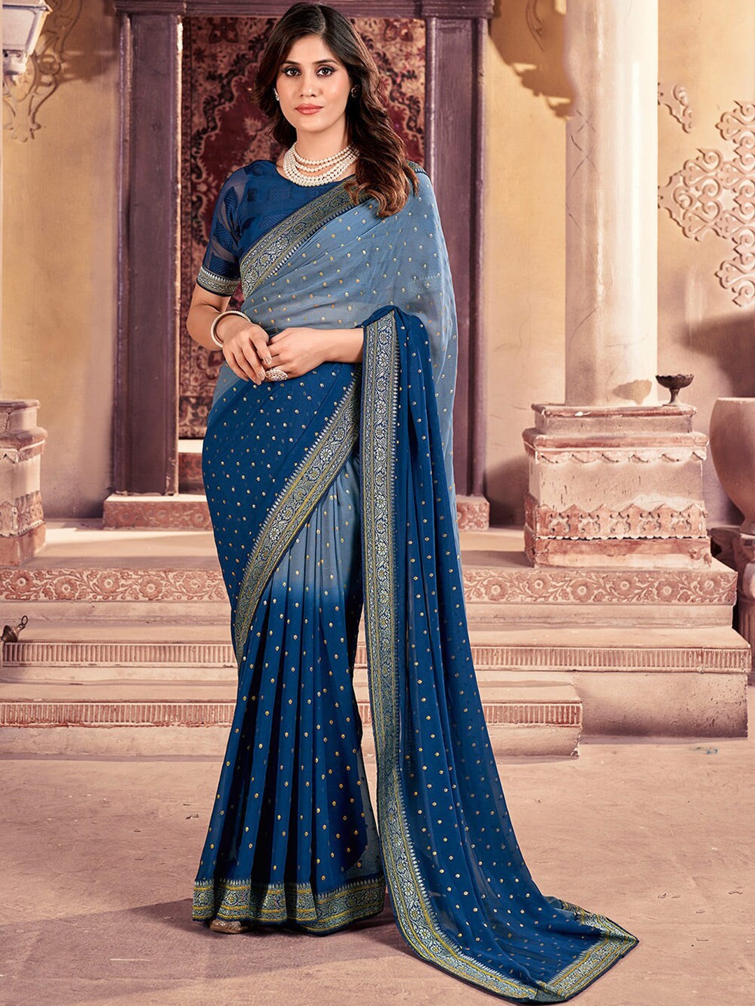 

MySilkLove Woven Design Zari Pure Georgette Banarasi Saree, Blue