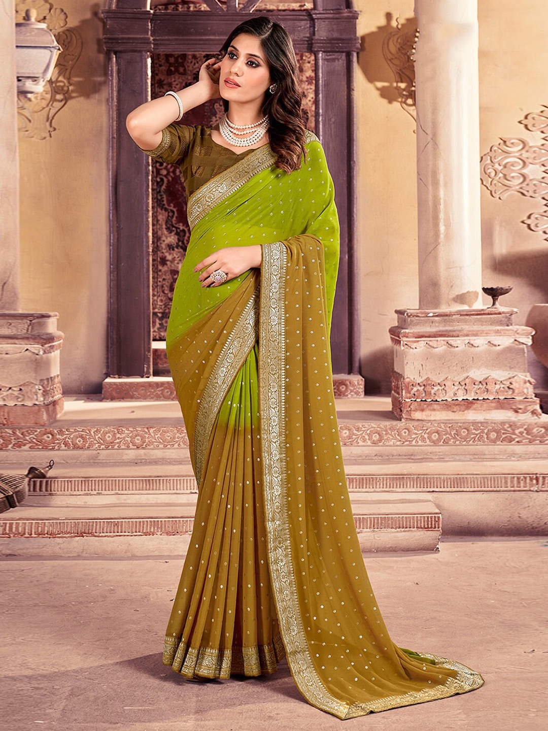 

MySilkLove Woven Design Zari Pure Georgette Banarasi Saree, Green