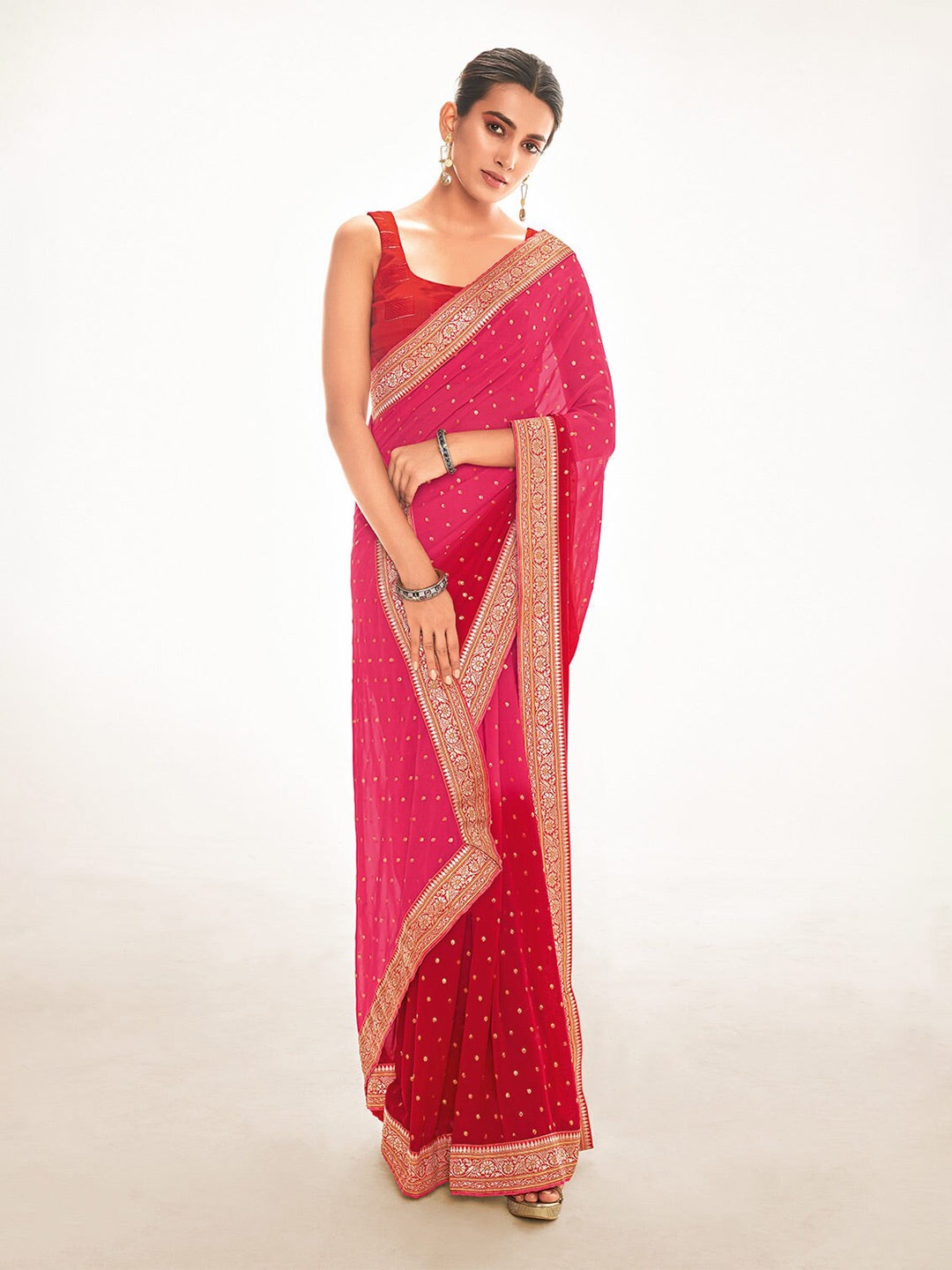 

MySilkLove Floral Zari Pure Georgette Banarasi Saree, Pink