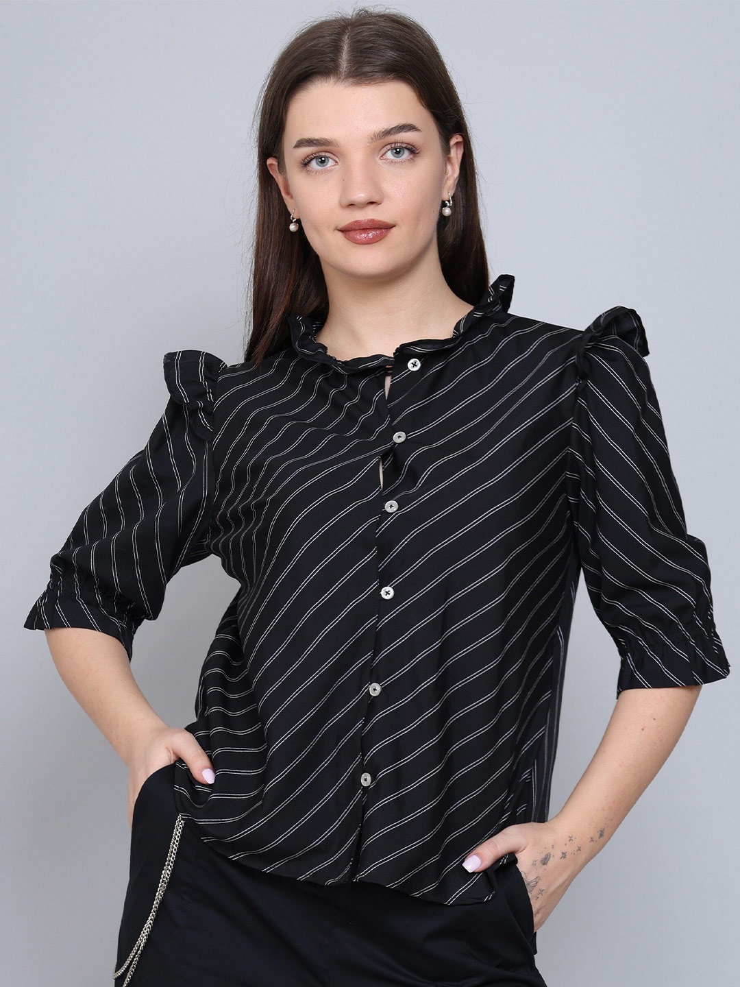 

Baawri Striped Mandarin Collar Puff Sleeve Crepe Shirt Style Top, Black