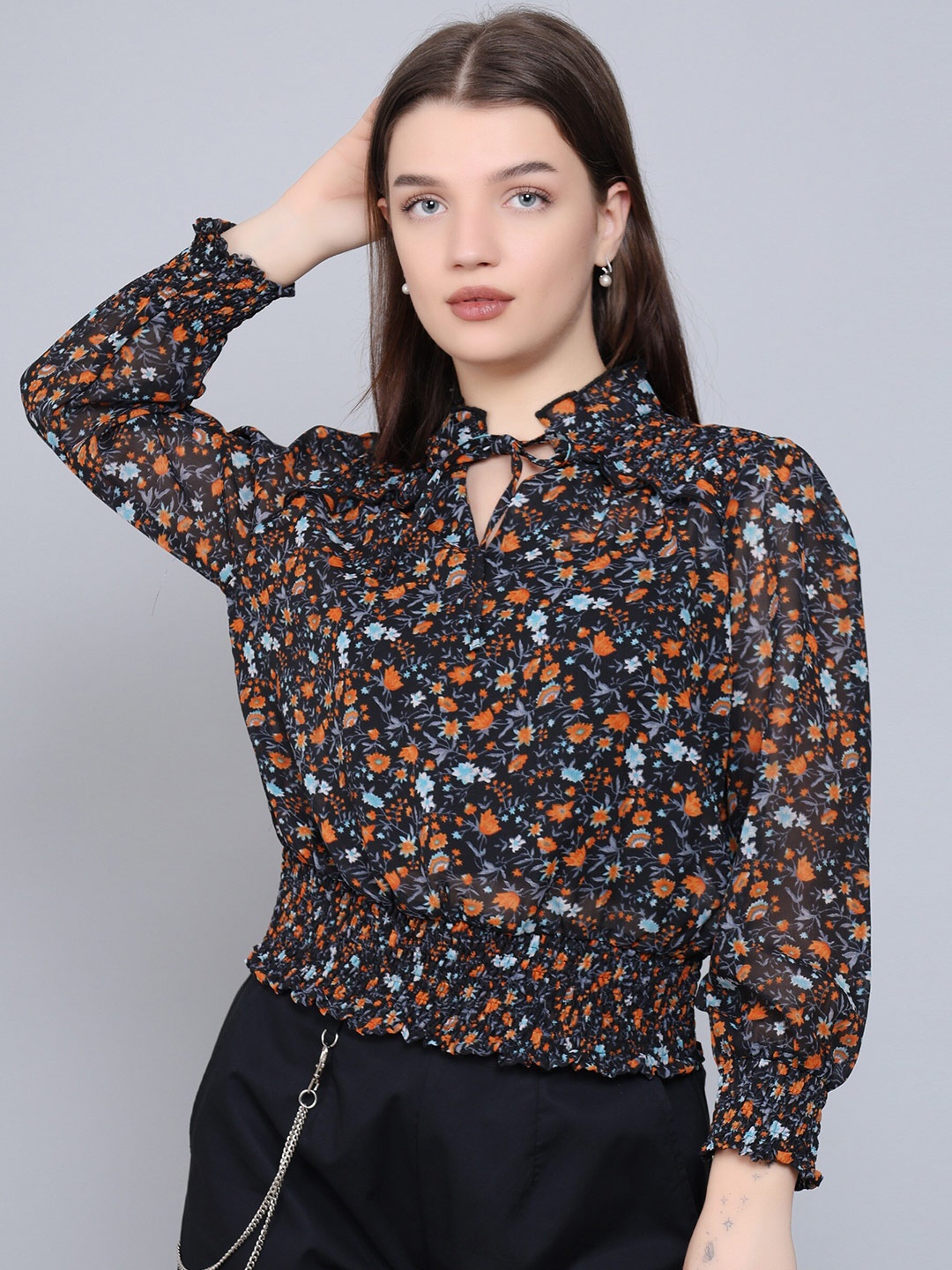 

Baawri Floral Print Tie-Up Neck Georgette Top, Black