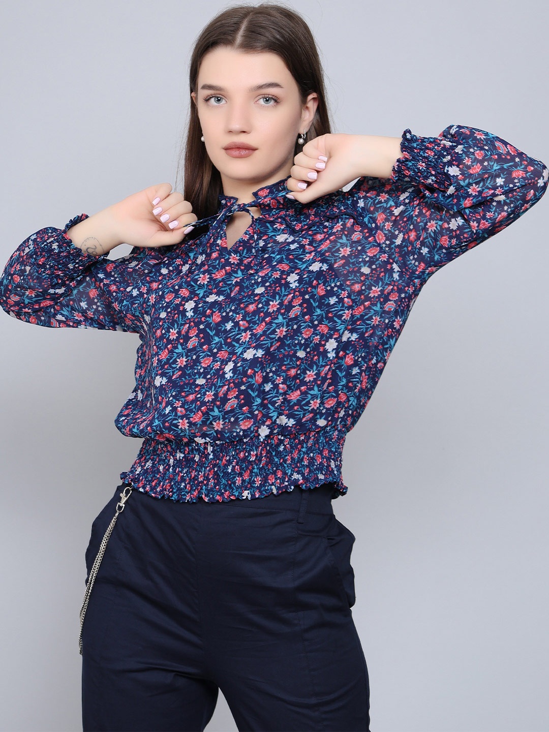 Baawri Floral Print Tie Up Neck Long Cuffed Sleeves Blouson Top, Blue