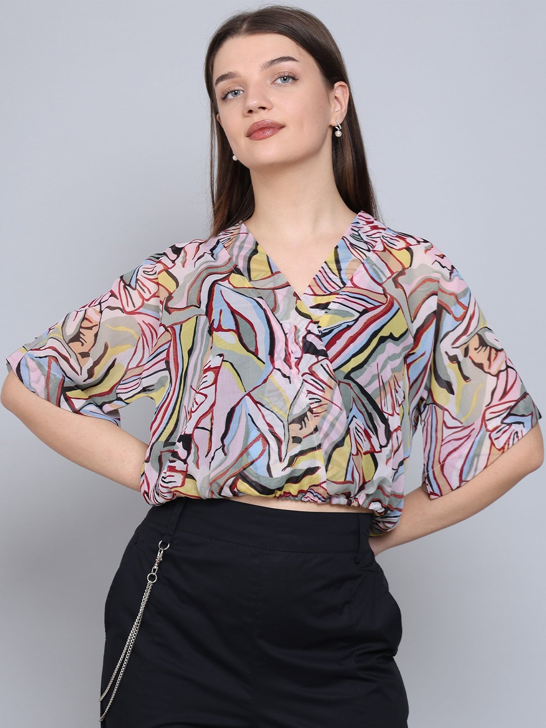 

Baawri Abstract Print V-Neck Kimono Sleeves Wrap Top, Green