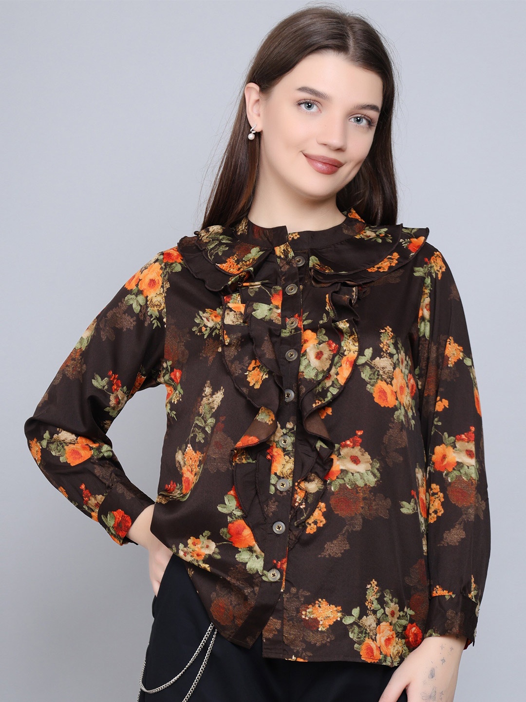 

Baawri Floral Print Ruffles Crepe Top, Brown