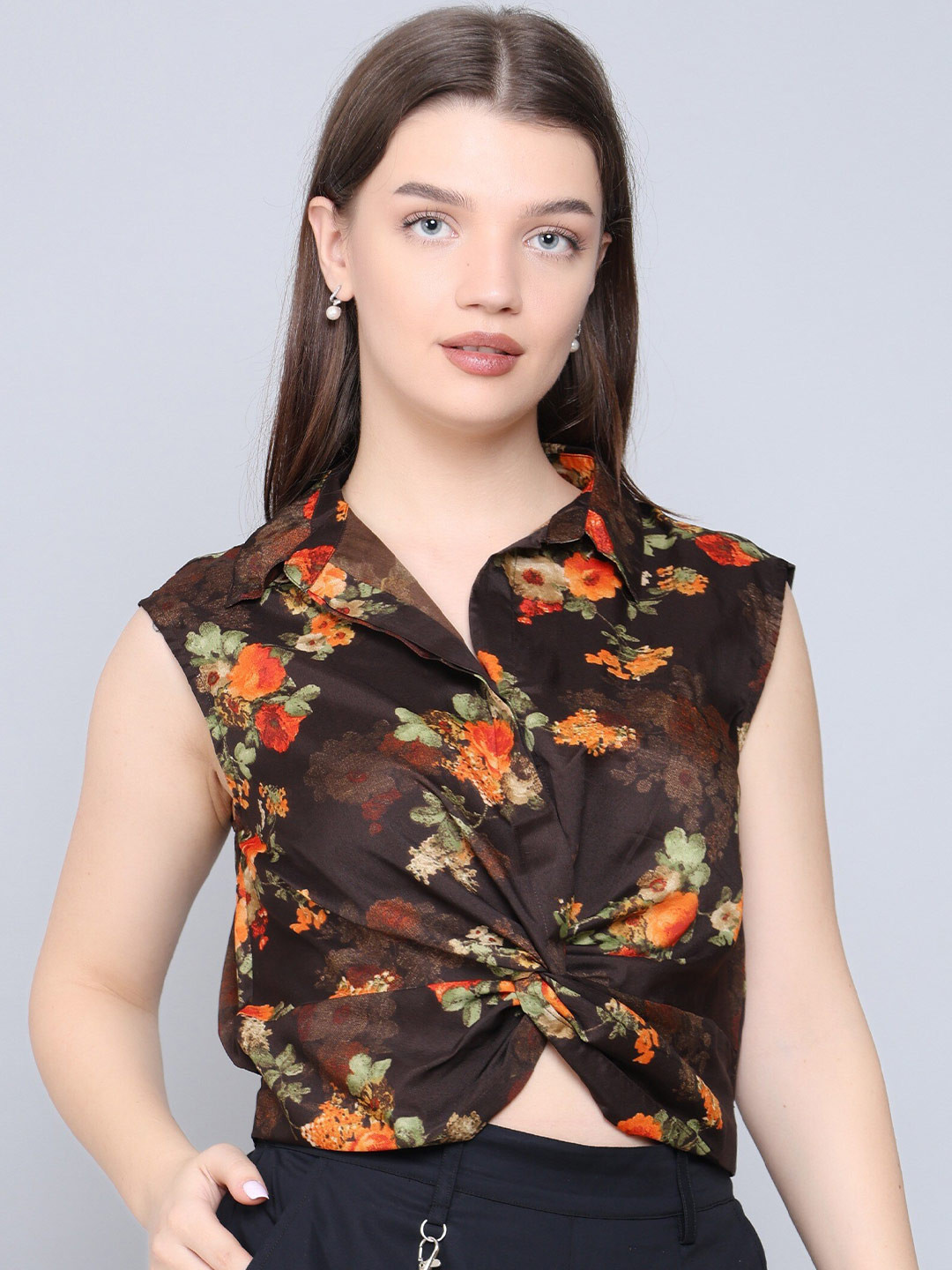 

Baawri Floral Print Shirt Collar Sleeves Wrap Crop Top, Brown