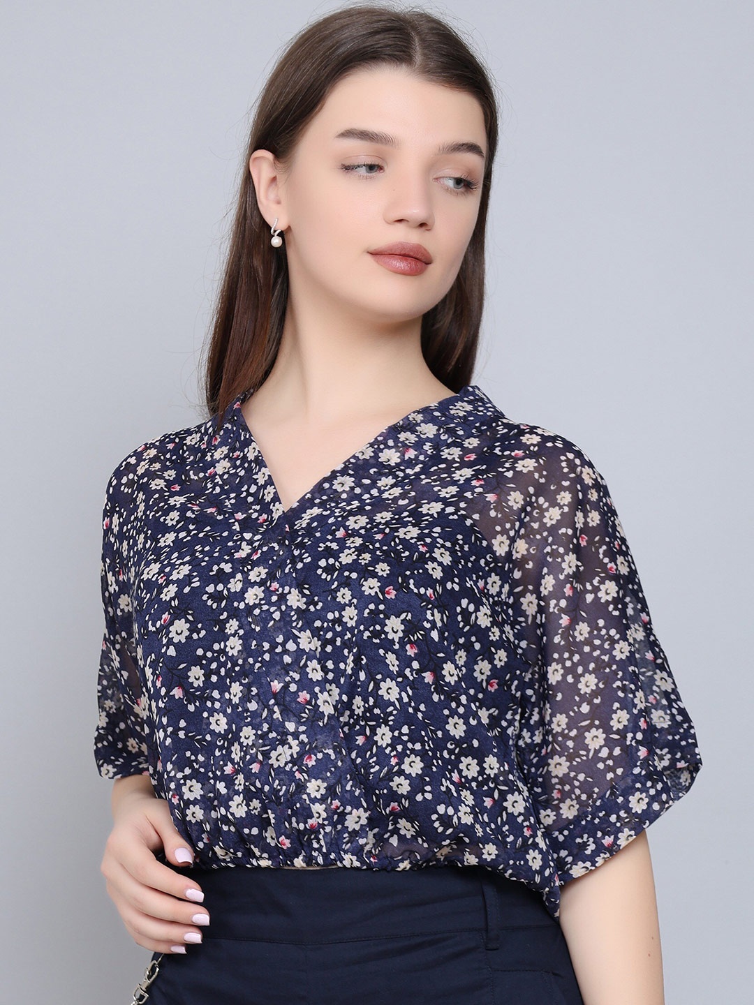 Baawri Floral Print V-Neck Georgette Wrap Top, Navy blue