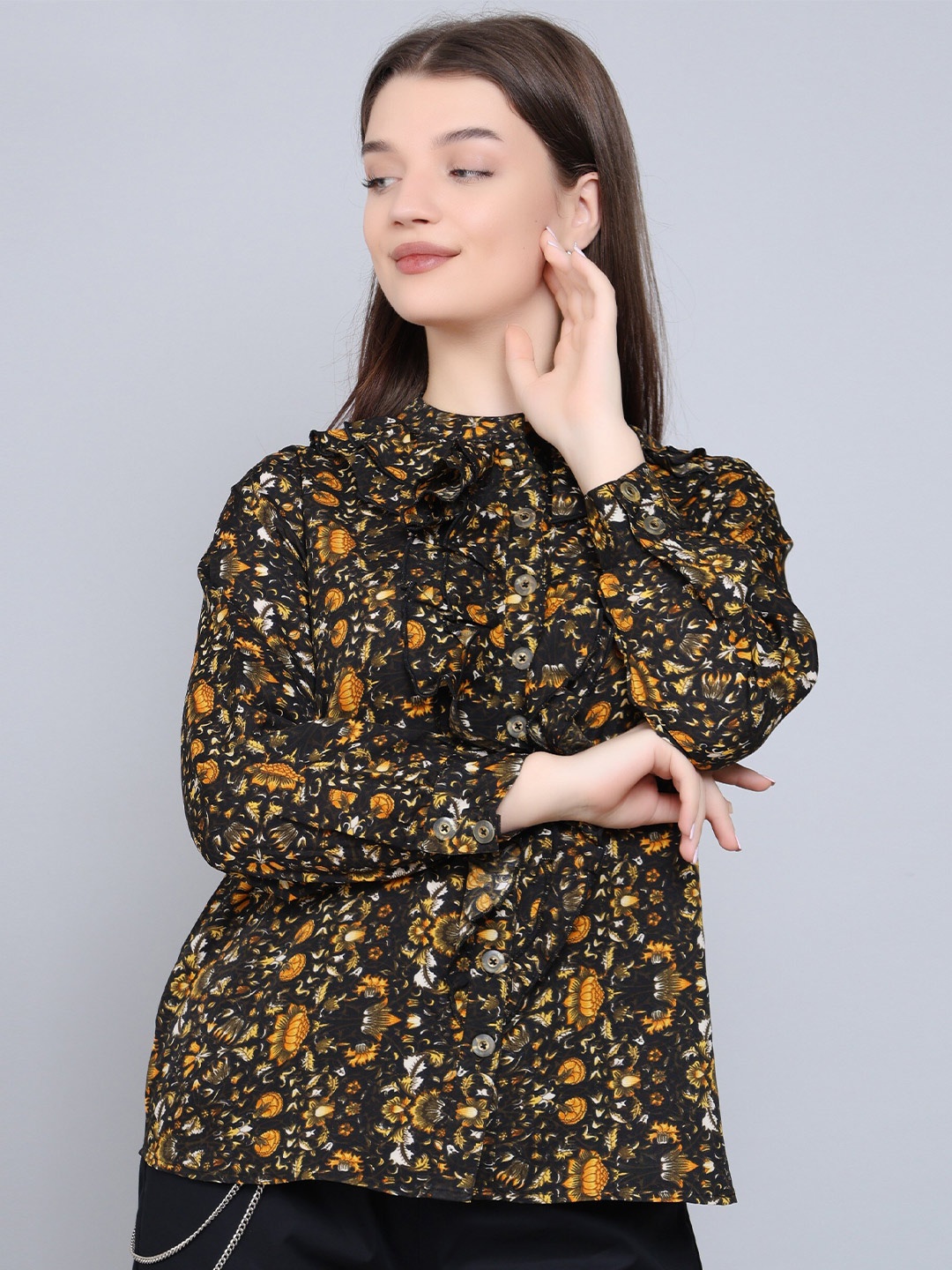 

Baawri Floral Printed Puff Sleeve Ruffles A-Line Top, Black