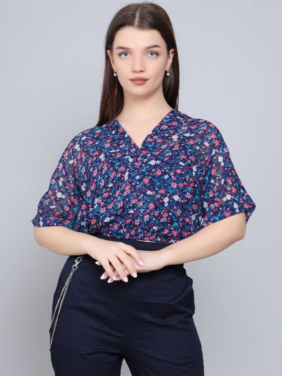 

Baawri Floral Print V-Neck Short Extended Sleeves Wrap Top, Blue