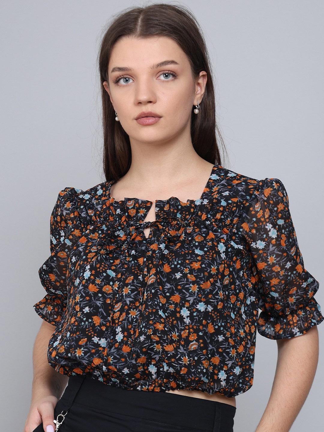 Baawri Floral Print Tie-Up Neck Georgette Top, Black