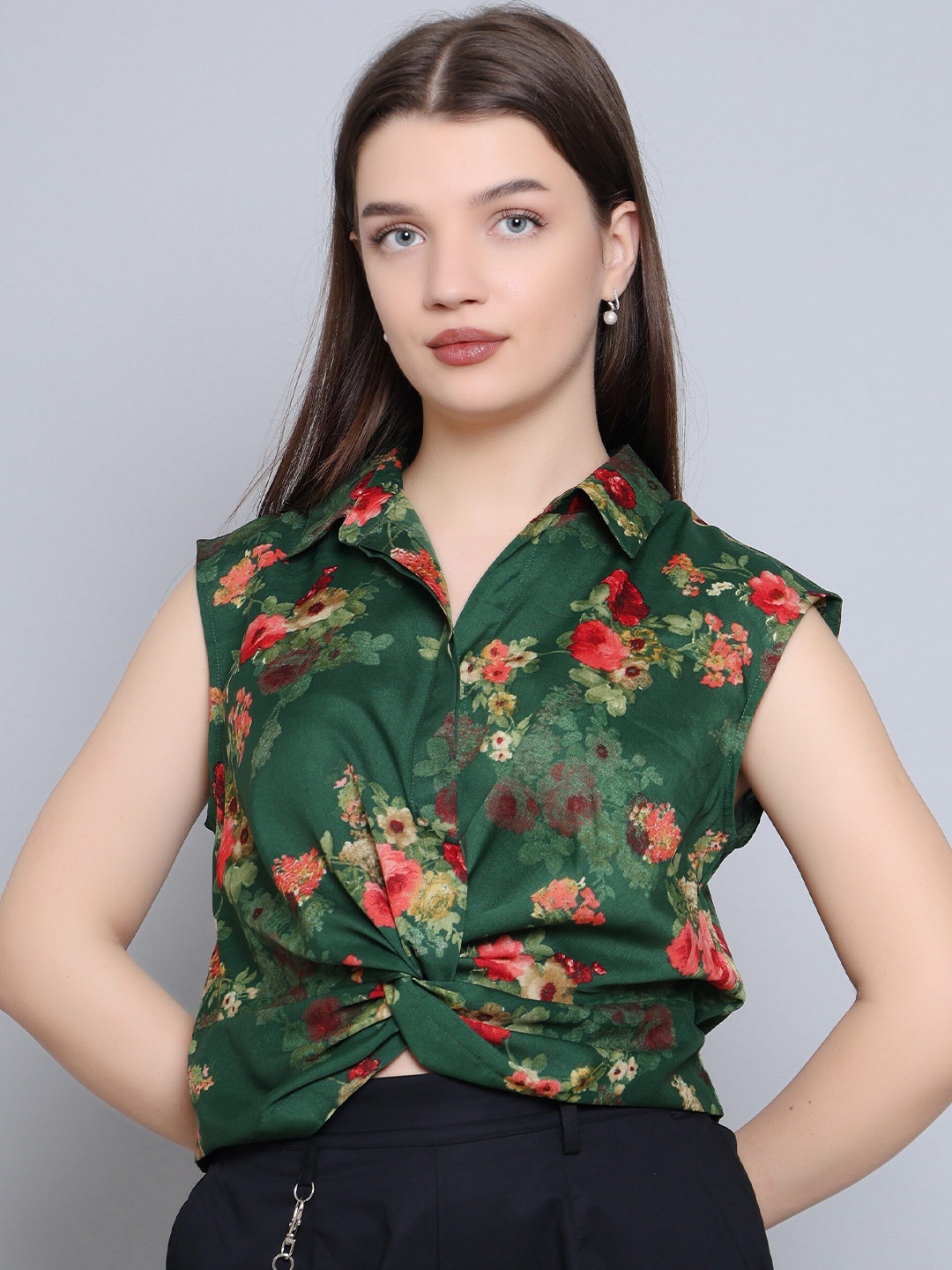 

Baawri Floral Print Shirt Collar Sleeveless Wrap Crop Top, Green