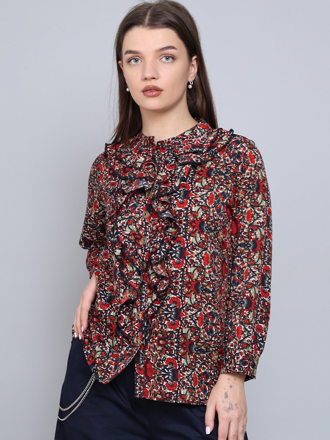 

Baawri Floral Print Mandarin Collar Ruffles Crepe Top, Red