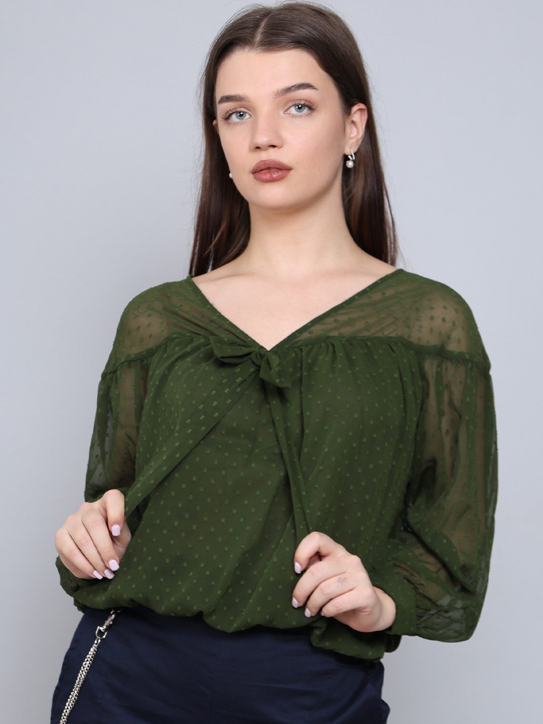 

Baawri Self Design Puff Sleeve Georgette Blouson Top, Green