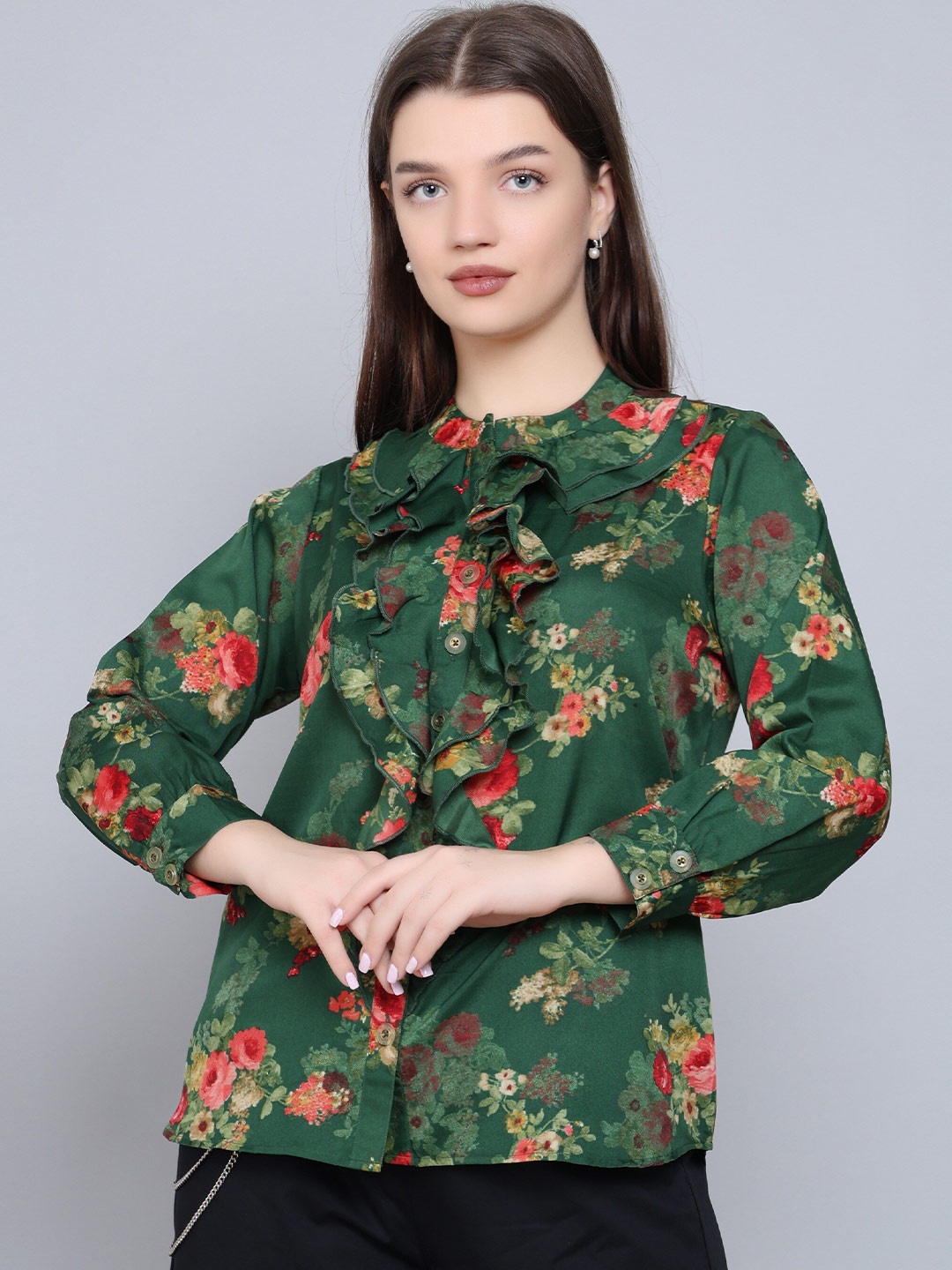 

Baawri Floral Print Tie-Up Neck Ruffles Crepe Shirt Style Top, Green