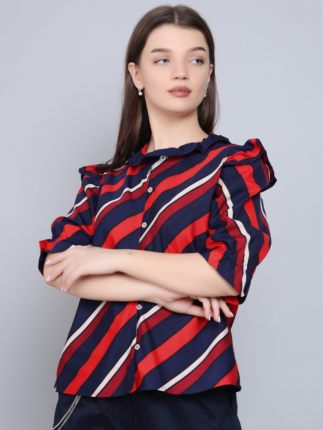 

Baawri Striped Round Neck Short Puff Sleeves Shirt Style Top, Red
