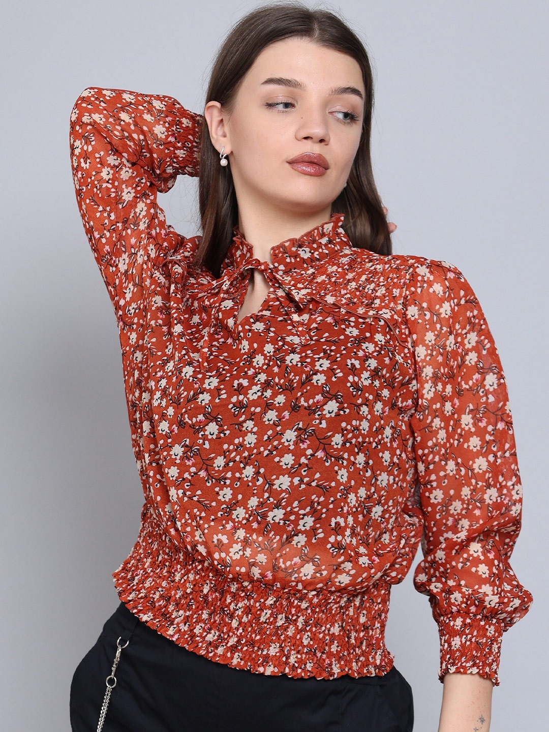 

Baawri Floral Print Tie Up Neck Long Cuffed Sleeves Blouson Top, Rust