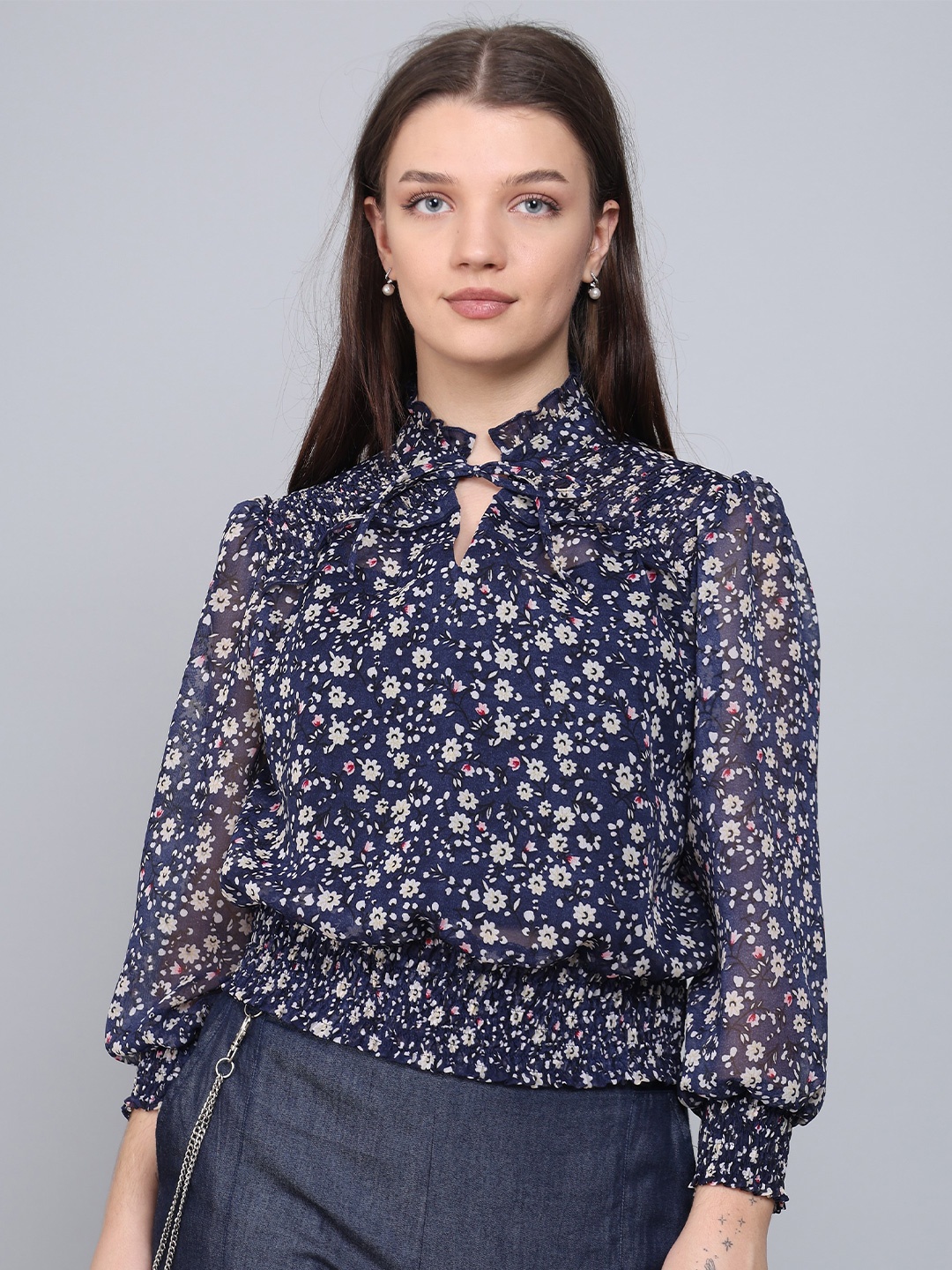 

Baawri Floral Print Puff Sleeve Georgette Blouson Top, Blue