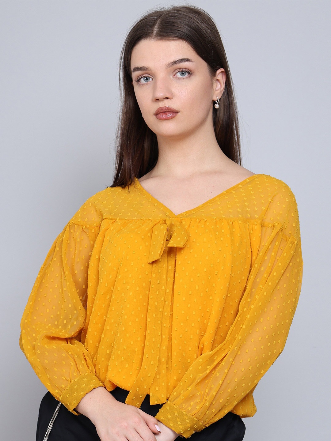 

Baawri Self Design Tie-Up Neck Cuffed Sleeves Georgette Top, Yellow