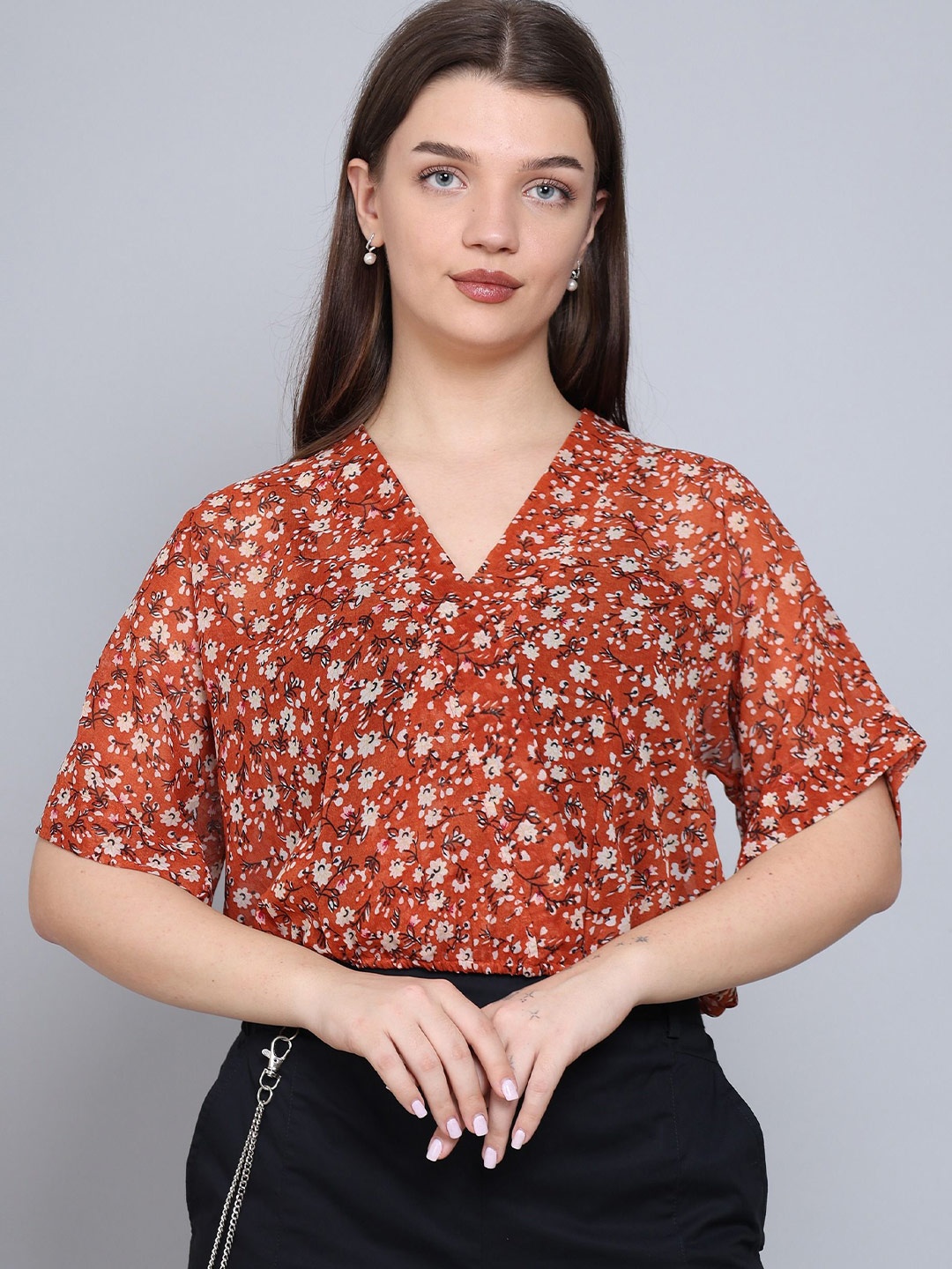 

Baawri Floral Print V-Neck Short Sleeves Semi Sheer Top, Rust