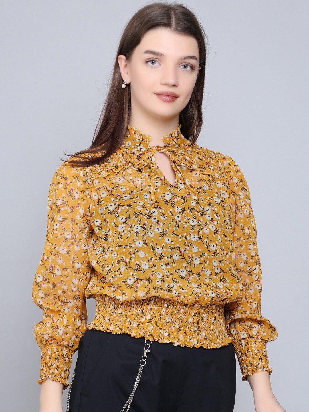 

Baawri Floral Printed Tie-Up Neck Cuffed Sleeves Georgette Blouson Top, Yellow