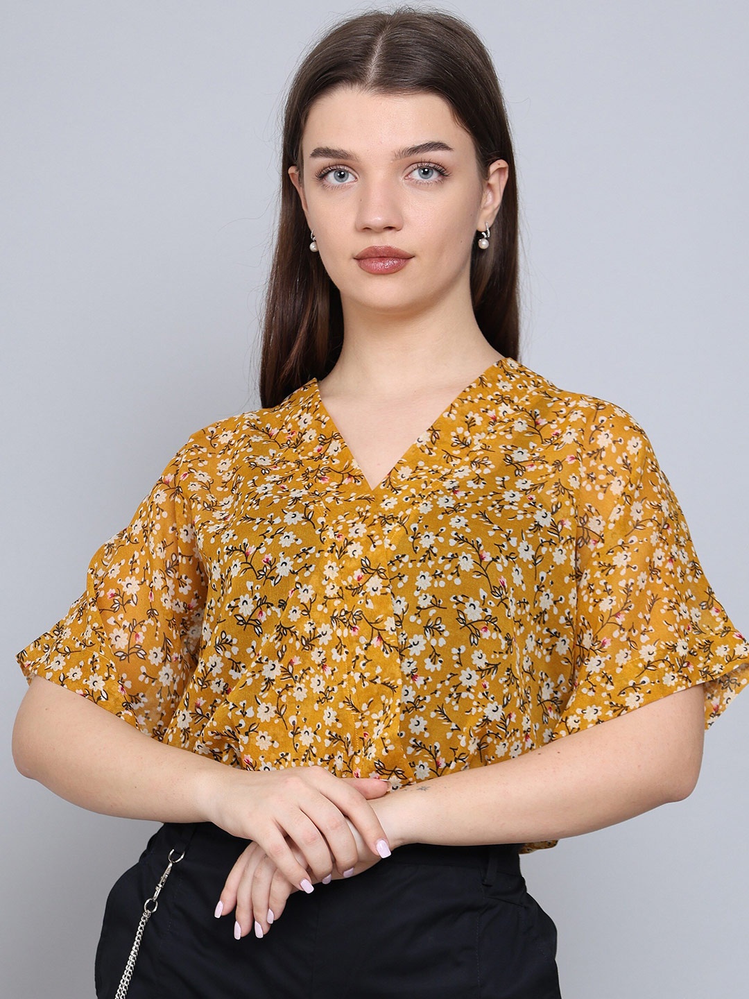 Baawri Floral Print V-Neck Short Sleeves Semi Sheer Top, Yellow