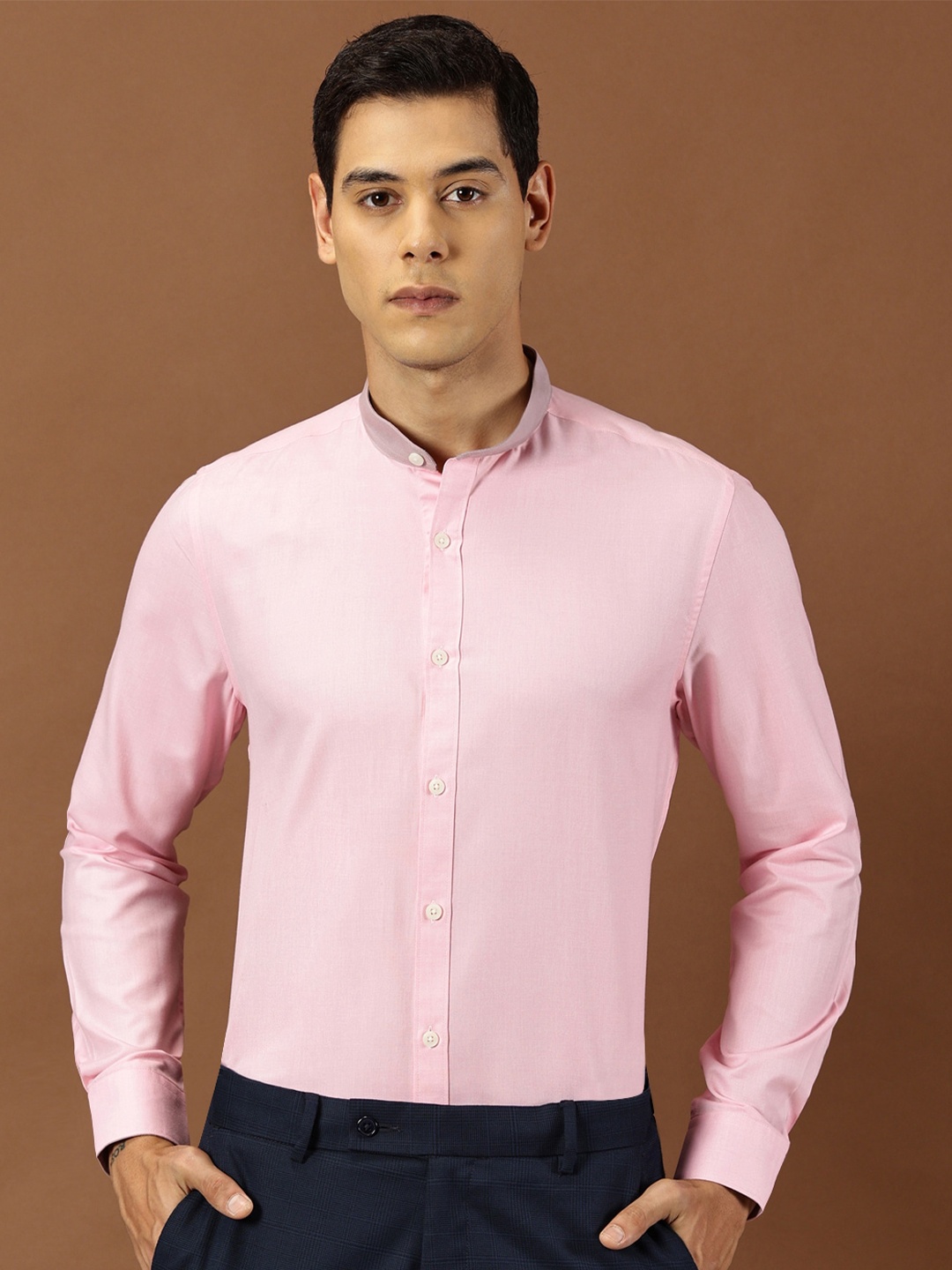 

INVICTUS Original Slim Fit Mandarin Collar Oxford Weave Cotton Formal Shirt, Pink