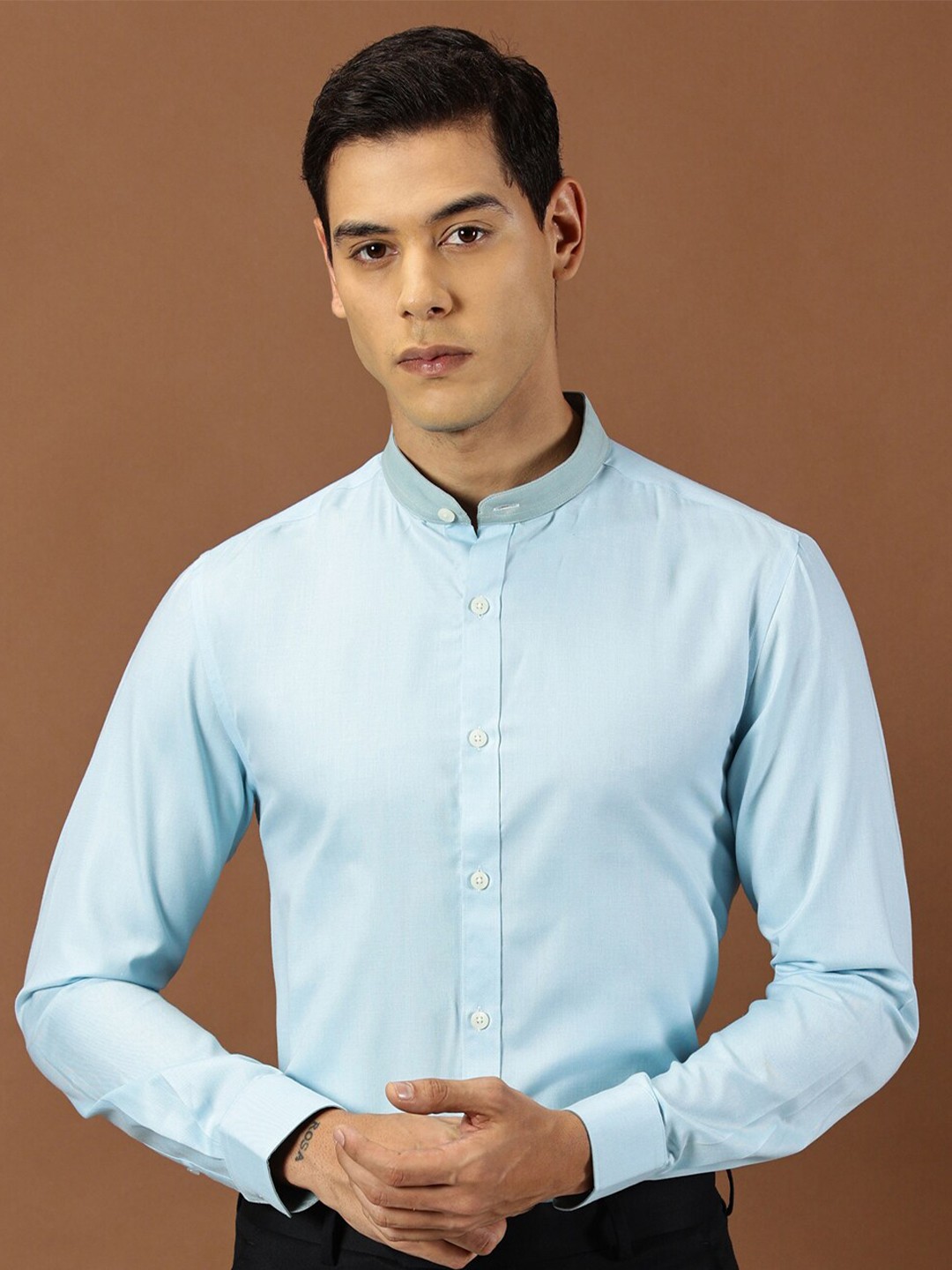 

INVICTUS Slim Fit Mandarin Collar Long Sleeves Cotton Formal Shirt, Blue