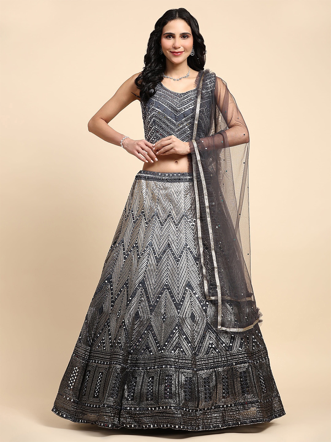 

AMOHA TRENDZ Embroidered Mirror Work Ready to Wear Lehenga & Blouse With Dupatta, Grey