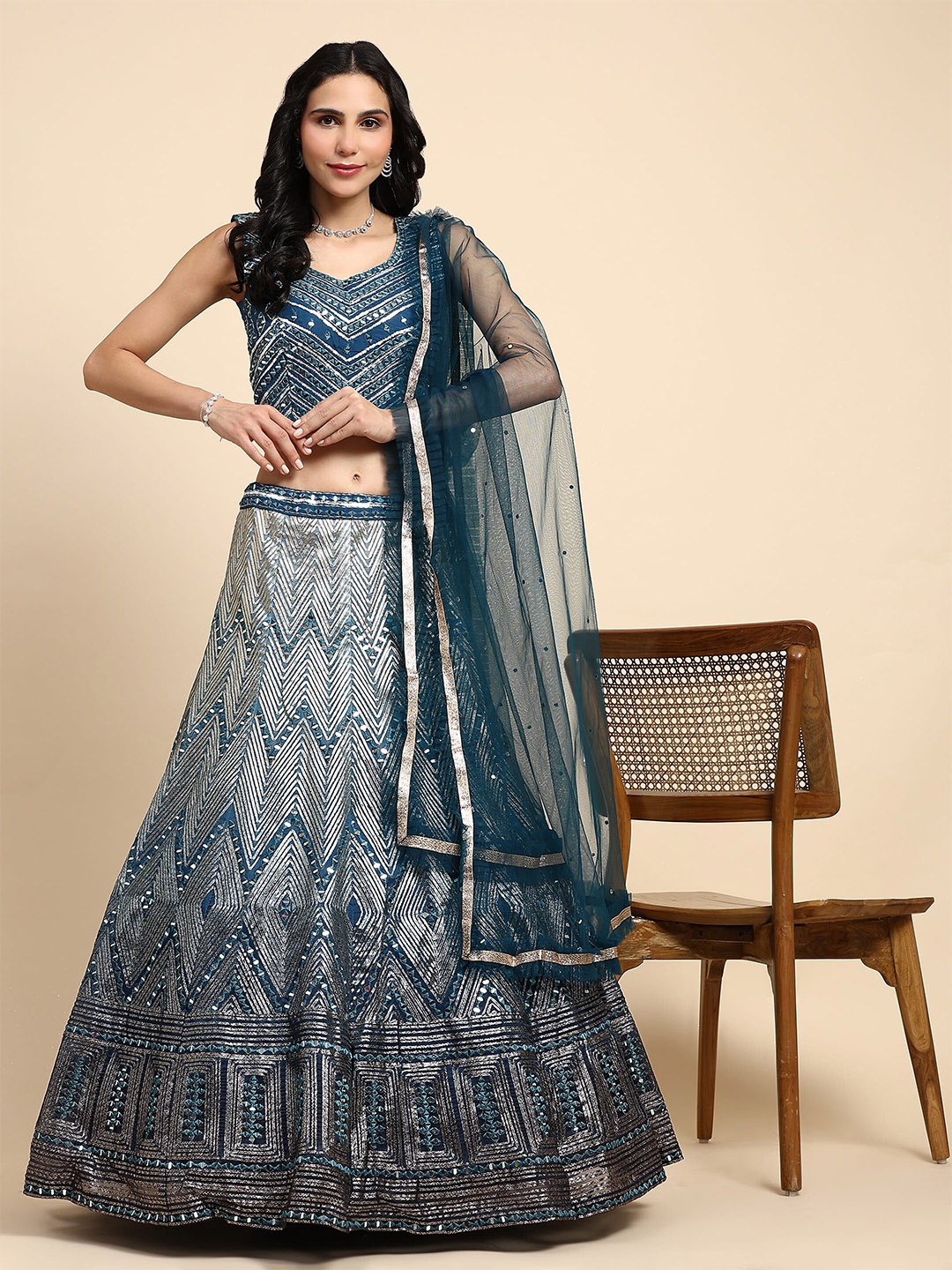 

AMOHA TRENDZ Embroidered Mirror Work Ready to Wear Lehenga & Blouse With Dupatta, Teal